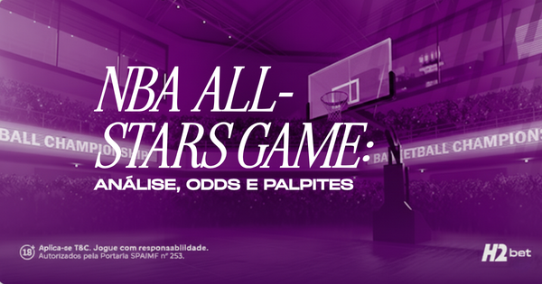 Palpites NBA All-Stars Game. Banner de apostas esportivas da H2bet para o jogo das estrelas, exibindo uma tabela de basquete e quadra, com destaque para análise, odds e previsões do evento.