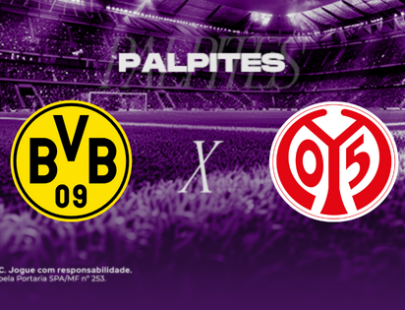 Palpites Borussia Dortmund x Mainz 05. Banner de apostas esportivas da H2bet exibindo os escudos das equipes em confronto direto, com destaque para previsões e odds de futebol alemão.