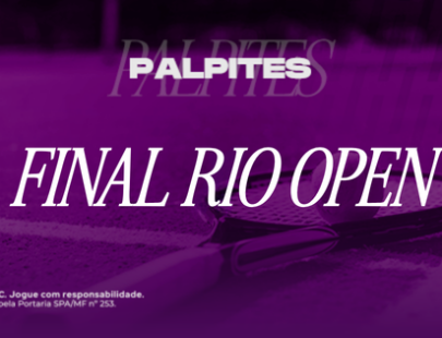 Banner promocional da H2Bet com fundo roxo sobre quadra de tênis, destacando o texto "PALPITES FINAL RIO OPEN". A imagem exibe uma raquete e uma bola de tênis em foco, incluindo selo de 18+ e avisos de jogo responsável.