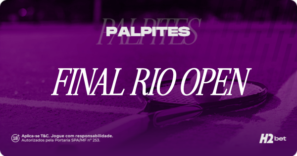 Banner promocional da H2Bet com fundo roxo sobre quadra de tênis, destacando o texto "PALPITES FINAL RIO OPEN". A imagem exibe uma raquete e uma bola de tênis em foco, incluindo selo de 18+ e avisos de jogo responsável.