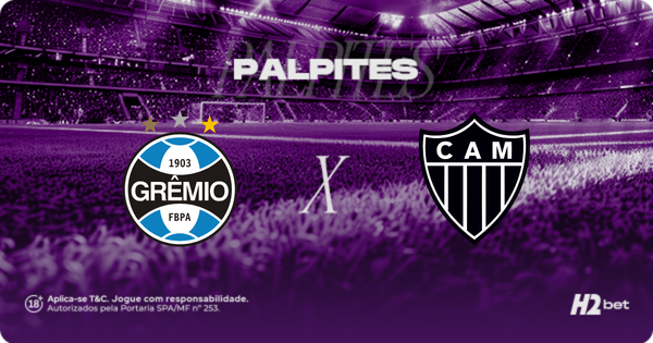 Banner de palpites de futebol para o jogo Grêmio vs Atlético-MG, apresentando os escudos dos clubes sobre um fundo de estádio lotado em tons de roxo, com logo H2bet e selo de jogo responsável.