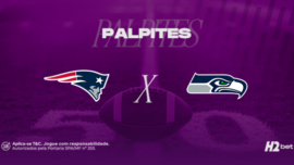 Palpites New England Patriots x Seattle Seahawks pelo Super Bowl. Banner de apostas esportivas da H2bet para a final da NFL, exibindo os logos das equipes e bola de futebol americano, com destaque para odds e previsões do jogo.