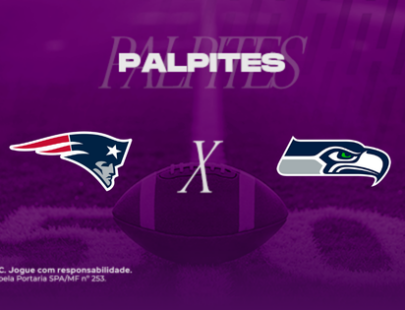 Palpites New England Patriots x Seattle Seahawks pelo Super Bowl. Banner de apostas esportivas da H2bet para a final da NFL, exibindo os logos das equipes e bola de futebol americano, com destaque para odds e previsões do jogo.