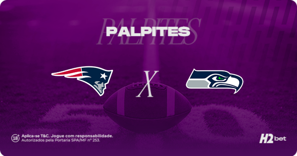 Palpites New England Patriots x Seattle Seahawks pelo Super Bowl. Banner de apostas esportivas da H2bet para a final da NFL, exibindo os logos das equipes e bola de futebol americano, com destaque para odds e previsões do jogo.