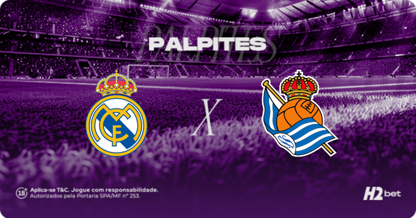 Palpites Real Madrid x Real Sociedad. Banner de apostas esportivas da H2bet exibindo os escudos das equipes em confronto direto, com destaque para previsões e odds de futebol espanhol.