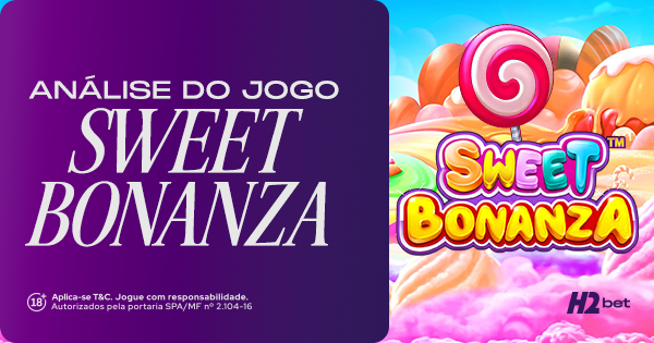 Análise do Slot Sweet Bonanza. Banner promocional da H2bet com o logotipo oficial do jogo e paisagem de doces, focado em avaliação e dicas do popular slot de cassino online.