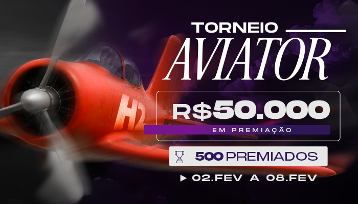 Torneio Aviator H2bet com R$ 50.000 em Prêmios. Banner promocional do crash game do aviãozinho, destacando 500 premiados e datas de 02 a 08 de fevereiro para apostas em cassino.