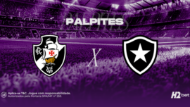 Palpites Vasco x Botafogo pelo Campeonato Carioca. Banner de apostas esportivas da H2bet para o clássico carioca, exibindo os escudos das equipes em confronto direto, com destaque para previsões e odds de futebol.