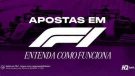 Banner de guia de apostas esportivas da H2bet focado em Fórmula 1. A imagem exibe dois carros de corrida de F1 em alta velocidade ao fundo, cobertos por um filtro roxo escuro. No centro, destaca-se o logotipo oficial da F1 em branco, acompanhado dos textos "Apostas em" na parte superior e "Entenda como funciona" na parte inferior. Arte voltada para tutorial e explicação de mercados de apostas automobilísticas.