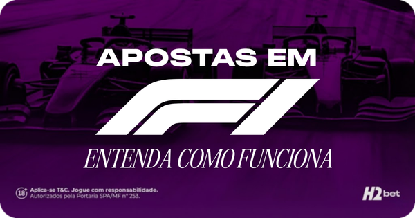 Banner de guia de apostas esportivas da H2bet focado em Fórmula 1. A imagem exibe dois carros de corrida de F1 em alta velocidade ao fundo, cobertos por um filtro roxo escuro. No centro, destaca-se o logotipo oficial da F1 em branco, acompanhado dos textos "Apostas em" na parte superior e "Entenda como funciona" na parte inferior. Arte voltada para tutorial e explicação de mercados de apostas automobilísticas.