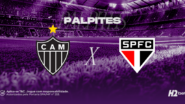 Banner de palpites para o jogo de futebol entre Atlético-MG e São Paulo. A imagem mostra um estádio lotado em tons de roxo, com a palavra "PALPITES" no topo. Ao centro, os escudos do Atlético Mineiro (CAM) e do São Paulo FC estão posicionados lado a lado com um "X" entre eles. Inclui o logotipo da casa de apostas H2Bet e avisos legais no rodapé.