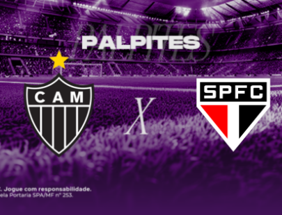 Banner de palpites para o jogo de futebol entre Atlético-MG e São Paulo. A imagem mostra um estádio lotado em tons de roxo, com a palavra "PALPITES" no topo. Ao centro, os escudos do Atlético Mineiro (CAM) e do São Paulo FC estão posicionados lado a lado com um "X" entre eles. Inclui o logotipo da casa de apostas H2Bet e avisos legais no rodapé.