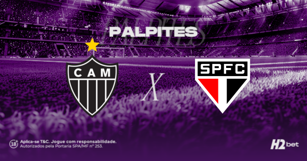 Banner de palpites para o jogo de futebol entre Atlético-MG e São Paulo. A imagem mostra um estádio lotado em tons de roxo, com a palavra "PALPITES" no topo. Ao centro, os escudos do Atlético Mineiro (CAM) e do São Paulo FC estão posicionados lado a lado com um "X" entre eles. Inclui o logotipo da casa de apostas H2Bet e avisos legais no rodapé.