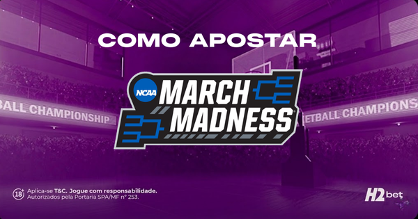 imagem com o texto "como apostar" e abaixo o logo da competição March Madness
