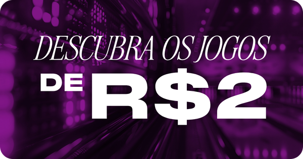 Banner promocional para cassino online com fundo roxo escuro e um padrão de luzes digitais desfocadas que remetem a um ambiente tecnológico. Em destaque no centro, o texto em branco com letras grandes: "Descubra os jogos de R$2". Arte focada em matéria sobre opções de apostas esportivas e cassino com valores acessíveis.