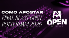 Banner ilustrativo para guia de apostas em eSports. A imagem, com um filtro em tons escuros de roxo, exibe um teclado mecânico gamer iluminado e levemente desfocado ao fundo. À esquerda, destaca-se o texto em letras brancas: "Como Apostar Final Blast Open Rotterdam 2026". À direita, aparece o logotipo oficial do torneio BLAST Premier Open Rotterdam. Arte focada em tutoriais e mercados de apostas para esportes eletrônicos (CS2).