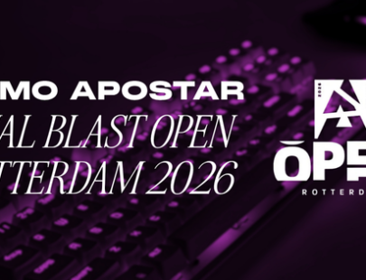 Banner ilustrativo para guia de apostas em eSports. A imagem, com um filtro em tons escuros de roxo, exibe um teclado mecânico gamer iluminado e levemente desfocado ao fundo. À esquerda, destaca-se o texto em letras brancas: "Como Apostar Final Blast Open Rotterdam 2026". À direita, aparece o logotipo oficial do torneio BLAST Premier Open Rotterdam. Arte focada em tutoriais e mercados de apostas para esportes eletrônicos (CS2).