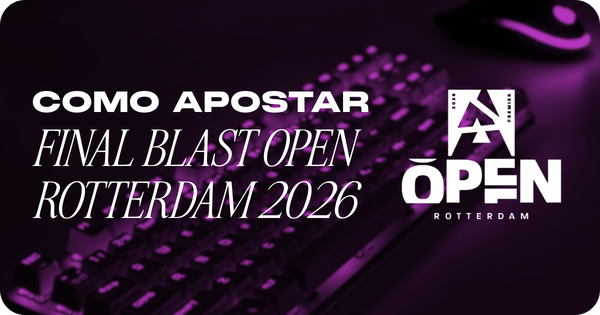 Banner ilustrativo para guia de apostas em eSports. A imagem, com um filtro em tons escuros de roxo, exibe um teclado mecânico gamer iluminado e levemente desfocado ao fundo. À esquerda, destaca-se o texto em letras brancas: "Como Apostar Final Blast Open Rotterdam 2026". À direita, aparece o logotipo oficial do torneio BLAST Premier Open Rotterdam. Arte focada em tutoriais e mercados de apostas para esportes eletrônicos (CS2).