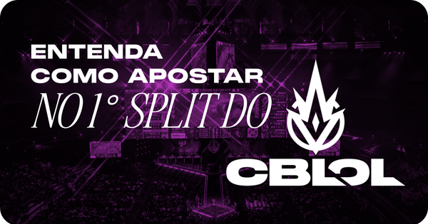 Banner ilustrativo de guia de apostas em eSports. A imagem, coberta por um filtro roxo escuro e iluminada por feixes de luz cênica, exibe uma visão ampla de uma arena de esportes eletrônicos com telões no palco e a silhueta da plateia ao fundo. À esquerda, destaca-se o texto em letras brancas: "Entenda como apostar no 1º split do". À direita, aparece o logotipo oficial em formato de escudo estilizado do Campeonato Brasileiro de League of Legends, acompanhado da sigla "CBLOL" logo abaixo. Arte focada em tutoriais e mercados de apostas para League of Legends.