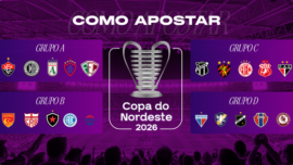 Banner ilustrativo de guia de apostas esportivas focado na Copa do Nordeste 2026. A imagem, coberta por um filtro roxo vibrante, mostra a silhueta de uma torcida em um estádio ao fundo. No centro, destaca-se o contorno da icônica taça da competição e o texto "Copa do Nordeste 2026". Ao redor, quatro painéis exibem os escudos das equipes participantes separadas nas chaves "Grupo A", "Grupo B", "Grupo C" e "Grupo D" (incluindo times de peso como Fortaleza, Ceará, Sport e Vitória). No topo, o texto "COMO APOSTAR" em letras brancas. Arte focada em tutoriais e mercados de apostas em futebol regional.
