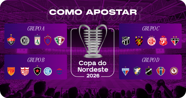 Banner ilustrativo de guia de apostas esportivas focado na Copa do Nordeste 2026. A imagem, coberta por um filtro roxo vibrante, mostra a silhueta de uma torcida em um estádio ao fundo. No centro, destaca-se o contorno da icônica taça da competição e o texto "Copa do Nordeste 2026". Ao redor, quatro painéis exibem os escudos das equipes participantes separadas nas chaves "Grupo A", "Grupo B", "Grupo C" e "Grupo D" (incluindo times de peso como Fortaleza, Ceará, Sport e Vitória). No topo, o texto "COMO APOSTAR" em letras brancas. Arte focada em tutoriais e mercados de apostas em futebol regional.