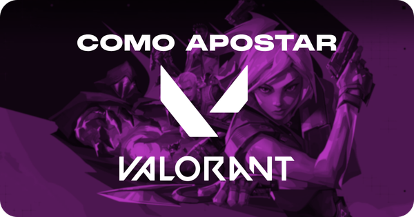 Banner ilustrativo de guia de apostas em eSports. A imagem, coberta por um filtro roxo escuro, exibe uma arte com vários agentes do jogo ao fundo, com forte destaque para a personagem Jett à direita, empunhando uma arma. Na parte superior central, destaca-se o texto em letras brancas: "Como Apostar". Logo abaixo, aparece o logotipo oficial em formato de "V" estilizado do Valorant, acompanhado do nome do jogo. Arte focada em tutoriais e mercados de apostas para esportes eletrônicos de tiro tático.