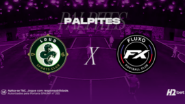 Palpites LOUD x Fluxo. Banner de apostas esportivas da H2bet exibindo os escudos das equipes em confronto direto, com destaque para previsões e odds do duelo.