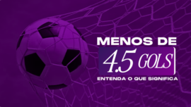 O que significa Menos de 4.5 Gols. Banner ilustrativo para guia de apostas, exibindo uma trave de futebol e uma bola em destaque sobre um fundo de estádio roxo, focado na explicação do mercado de under gols.