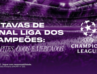 Oitavas de Final Liga dos Campeões. Banner de apostas esportivas da H2bet para a UEFA Champions League, exibindo o logotipo da competição e destaque para previsões, odds e mercados.