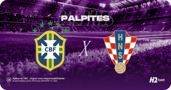 Banner promocional de apostas esportivas da H2bet focado na Copa do Mundo. A imagem, coberta por um filtro roxo, exibe a visão a partir do gramado de um estádio de futebol com arquibancadas lotadas ao fundo. Na parte superior, destaca-se a palavra "PALPITES" em letras brancas e em negrito. No centro, o confronto internacional é representado pelos escudos oficiais das seleções: Brasil (CBF) à esquerda e Croácia (HNS) à direita, separados por um "X" branco. Arte focada em previsões de partidas e cotações de futebol.