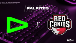 Banner promocional de apostas esportivas da H2bet focado em eSports. A imagem, com um filtro em tons escuros de roxo, exibe um teclado mecânico gamer iluminado e levemente desfocado ao fundo. Na parte superior, destaca-se a palavra "PALPITES" em letras brancas. No centro, o confronto entre as equipes brasileiras é representado por seus logotipos oficiais: LOUD (o clássico triângulo verde neon vazado) à esquerda e RED Canids (o escudo com o lobo vermelho, preto e branco) à direita, separados por um grande "X" branco. Arte focada em previsões de confrontos e cotações para esportes eletrônicos.