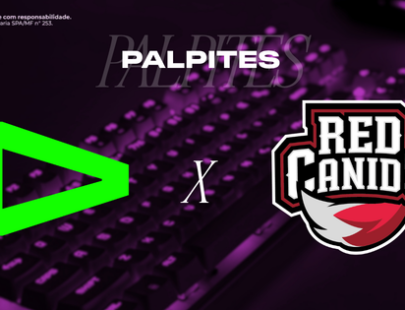 Banner promocional de apostas esportivas da H2bet focado em eSports. A imagem, com um filtro em tons escuros de roxo, exibe um teclado mecânico gamer iluminado e levemente desfocado ao fundo. Na parte superior, destaca-se a palavra "PALPITES" em letras brancas. No centro, o confronto entre as equipes brasileiras é representado por seus logotipos oficiais: LOUD (o clássico triângulo verde neon vazado) à esquerda e RED Canids (o escudo com o lobo vermelho, preto e branco) à direita, separados por um grande "X" branco. Arte focada em previsões de confrontos e cotações para esportes eletrônicos.