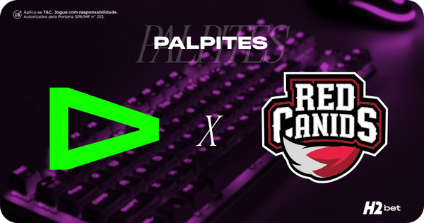 Banner promocional de apostas esportivas da H2bet focado em eSports. A imagem, com um filtro em tons escuros de roxo, exibe um teclado mecânico gamer iluminado e levemente desfocado ao fundo. Na parte superior, destaca-se a palavra "PALPITES" em letras brancas. No centro, o confronto entre as equipes brasileiras é representado por seus logotipos oficiais: LOUD (o clássico triângulo verde neon vazado) à esquerda e RED Canids (o escudo com o lobo vermelho, preto e branco) à direita, separados por um grande "X" branco. Arte focada em previsões de confrontos e cotações para esportes eletrônicos.