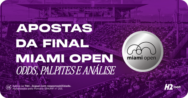 Banner promocional de apostas esportivas da H2bet focado na final do torneio de tênis Miami Open. A imagem exibe uma visão panorâmica de uma quadra de tênis com arquibancadas lotadas em um grande estádio, totalmente coberta por um filtro roxo. À esquerda, destaca-se o texto em letras brancas: "Apostas da Final Miami Open: Odds, Palpites e Análise". À direita, aparece o logotipo oficial do torneio Miami Open dentro de um círculo prateado. Arte focada em previsões esportivas e cotações para cassino online.