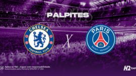 Banner promocional de apostas esportivas para o jogo entre Chelsea e Paris Saint-Germain (PSG). A imagem apresenta um estádio de futebol ao fundo em tons de roxo, com o texto "PALPITES" em destaque no topo. Ao centro, os escudos dos dois clubes são separados por um "X". No rodapé, encontram-se o logotipo da H2Bet, selo de +18 anos e avisos de jogo responsável.