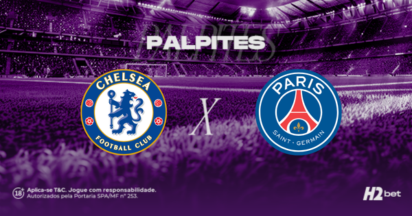 Banner promocional de apostas esportivas para o jogo entre Chelsea e Paris Saint-Germain (PSG). A imagem apresenta um estádio de futebol ao fundo em tons de roxo, com o texto "PALPITES" em destaque no topo. Ao centro, os escudos dos dois clubes são separados por um "X". No rodapé, encontram-se o logotipo da H2Bet, selo de +18 anos e avisos de jogo responsável.