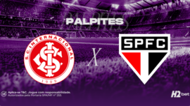 Banner promocional de apostas esportivas da H2bet. A imagem, coberta por um filtro roxo escuro, exibe a visão a partir do gramado de um estádio de futebol com as arquibancadas lotadas ao fundo. Na parte superior, destaca-se a palavra "PALPITES" em letras brancas. No centro, o clássico nacional é representado pelos escudos oficiais das equipes: Internacional à esquerda e São Paulo (SPFC) à direita, separados por um "X" branco. Arte focada em previsões de partidas e cotações de futebol.