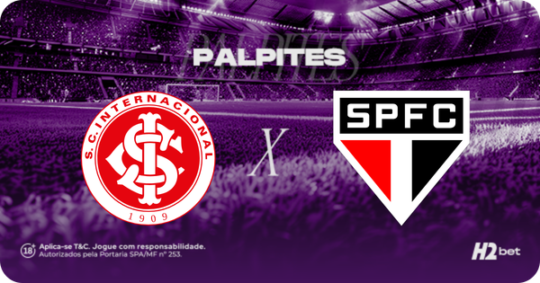 Banner promocional de apostas esportivas da H2bet. A imagem, coberta por um filtro roxo escuro, exibe a visão a partir do gramado de um estádio de futebol com as arquibancadas lotadas ao fundo. Na parte superior, destaca-se a palavra "PALPITES" em letras brancas. No centro, o clássico nacional é representado pelos escudos oficiais das equipes: Internacional à esquerda e São Paulo (SPFC) à direita, separados por um "X" branco. Arte focada em previsões de partidas e cotações de futebol.