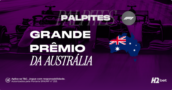 Palpites Grande Prêmio da Austrália. Banner de apostas esportivas da H2bet para a Fórmula 1, exibindo carros de corrida ao fundo e o mapa da Austrália em destaque, focado em previsões e odds para o GP.