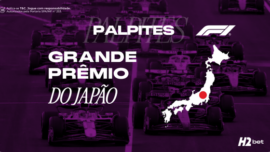 Banner promocional de apostas esportivas da H2bet focado na Fórmula 1. A imagem, coberta por um filtro roxo escuro, exibe vários carros de corrida alinhados na pista, levemente desfocados ao fundo. Em destaque na parte central, o texto em letras brancas: "Palpites Grande Prêmio do Japão". À direita, aparece o logotipo oficial da F1 acima de uma silhueta do mapa do Japão em branco com um círculo vermelho, remetendo à bandeira do país. Arte focada em previsões automobilísticas e odds.