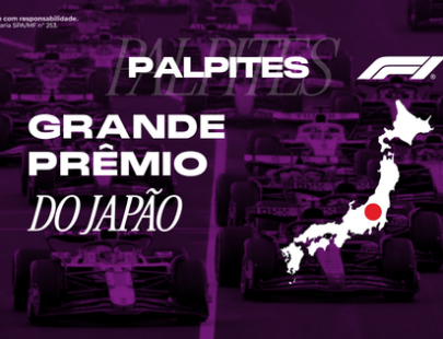 Banner promocional de apostas esportivas da H2bet focado na Fórmula 1. A imagem, coberta por um filtro roxo escuro, exibe vários carros de corrida alinhados na pista, levemente desfocados ao fundo. Em destaque na parte central, o texto em letras brancas: "Palpites Grande Prêmio do Japão". À direita, aparece o logotipo oficial da F1 acima de uma silhueta do mapa do Japão em branco com um círculo vermelho, remetendo à bandeira do país. Arte focada em previsões automobilísticas e odds.