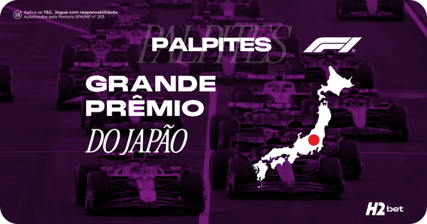 Banner promocional de apostas esportivas da H2bet focado na Fórmula 1. A imagem, coberta por um filtro roxo escuro, exibe vários carros de corrida alinhados na pista, levemente desfocados ao fundo. Em destaque na parte central, o texto em letras brancas: "Palpites Grande Prêmio do Japão". À direita, aparece o logotipo oficial da F1 acima de uma silhueta do mapa do Japão em branco com um círculo vermelho, remetendo à bandeira do país. Arte focada em previsões automobilísticas e odds.