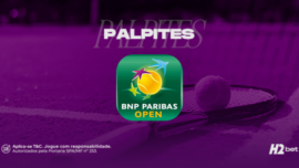 Banner promocional de apostas esportivas para o torneio de tênis BNP Paribas Open (Indian Wells). A imagem possui fundo roxo com uma raquete de tênis sobre a quadra. Ao centro, destaca-se o logotipo oficial do evento e o texto "PALPITES". No rodapé, constam a marca H2Bet, o selo de +18 anos e informações sobre jogo responsável.