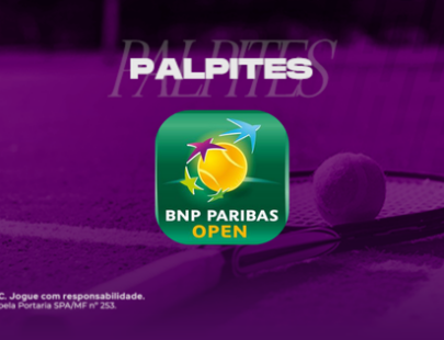 Banner promocional de apostas esportivas para o torneio de tênis BNP Paribas Open (Indian Wells). A imagem possui fundo roxo com uma raquete de tênis sobre a quadra. Ao centro, destaca-se o logotipo oficial do evento e o texto "PALPITES". No rodapé, constam a marca H2Bet, o selo de +18 anos e informações sobre jogo responsável.