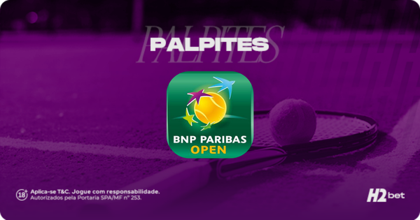 Banner promocional de apostas esportivas para o torneio de tênis BNP Paribas Open (Indian Wells). A imagem possui fundo roxo com uma raquete de tênis sobre a quadra. Ao centro, destaca-se o logotipo oficial do evento e o texto "PALPITES". No rodapé, constam a marca H2Bet, o selo de +18 anos e informações sobre jogo responsável.