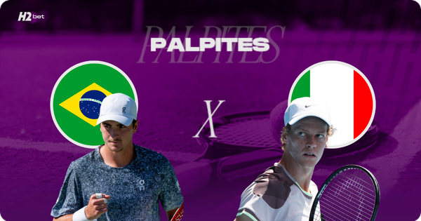 imagem com o tenista joão fonseca de um lado e a bandeira do brasil de fundo, e o tenista sinner do outro, com a bandeira da itália de fundo acima de ambos e centralizado, o texto "Palpites"
