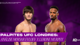 Banner promocional de apostas esportivas da H2bet focado no evento UFC Londres. A imagem destaca os lutadores de MMA Movsar Evloev e Lerone Murphy sem camisa, encarando a câmera, sobrepostos a um fundo roxo escuro e desfocado. Na parte inferior, uma faixa exibe o texto em branco: "Palpites UFC Londres: Análise Movsar Evloev x Lerone Murphy". Arte focada em previsões de lutas e odds.