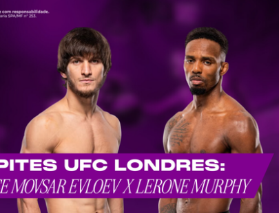 Banner promocional de apostas esportivas da H2bet focado no evento UFC Londres. A imagem destaca os lutadores de MMA Movsar Evloev e Lerone Murphy sem camisa, encarando a câmera, sobrepostos a um fundo roxo escuro e desfocado. Na parte inferior, uma faixa exibe o texto em branco: "Palpites UFC Londres: Análise Movsar Evloev x Lerone Murphy". Arte focada em previsões de lutas e odds.