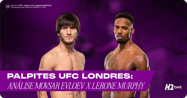 Banner promocional de apostas esportivas da H2bet focado no evento UFC Londres. A imagem destaca os lutadores de MMA Movsar Evloev e Lerone Murphy sem camisa, encarando a câmera, sobrepostos a um fundo roxo escuro e desfocado. Na parte inferior, uma faixa exibe o texto em branco: "Palpites UFC Londres: Análise Movsar Evloev x Lerone Murphy". Arte focada em previsões de lutas e odds.