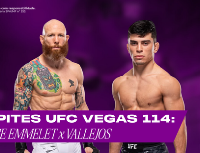 Palpites UFC Vegas 114: Emmelet x Vallejos. Banner de apostas esportivas da H2bet para o evento de MMA, exibindo os lutadores em confronto direto, com destaque para análise e previsões da luta.